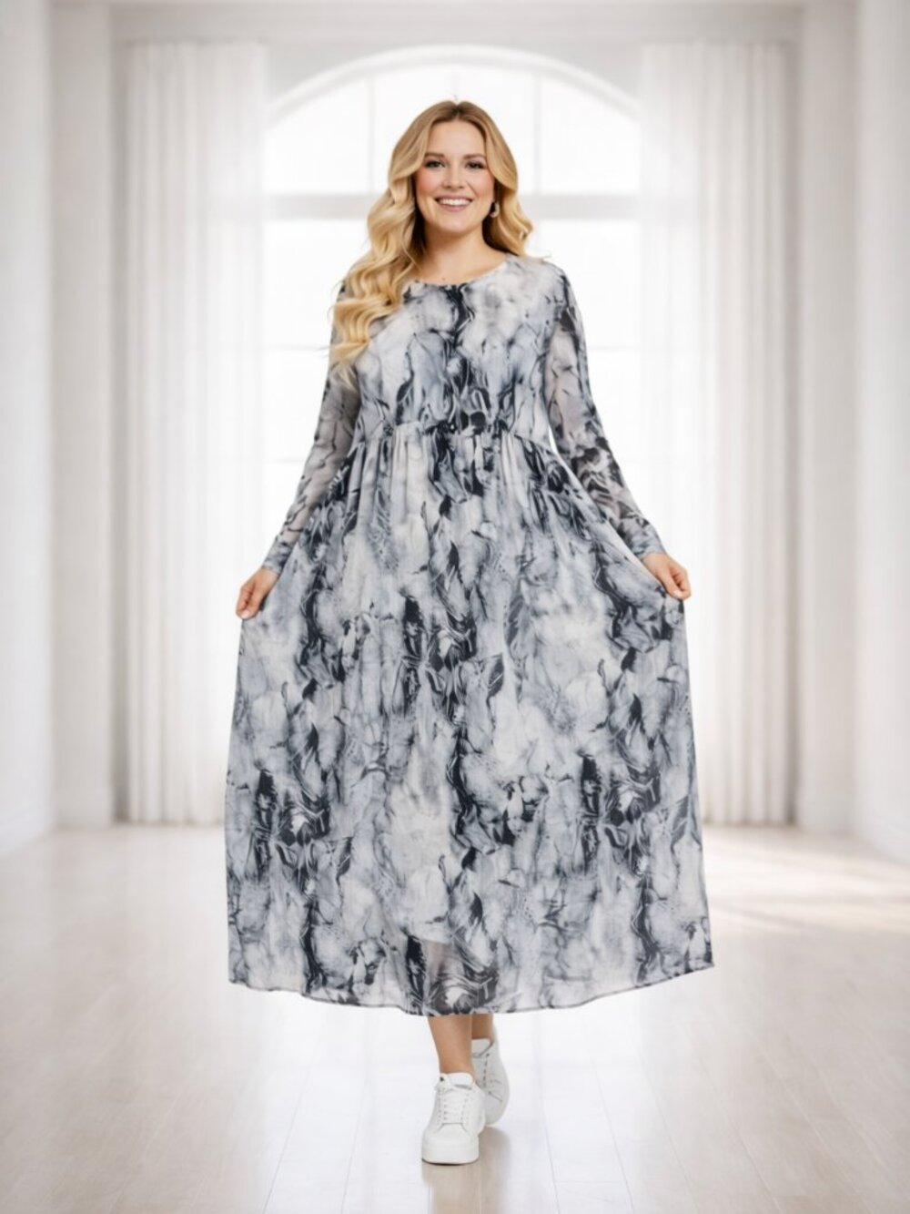 Plus Size 2X Marble Print Maxi Dress NWOT Long Sleeve Cotton Rayon Flowy